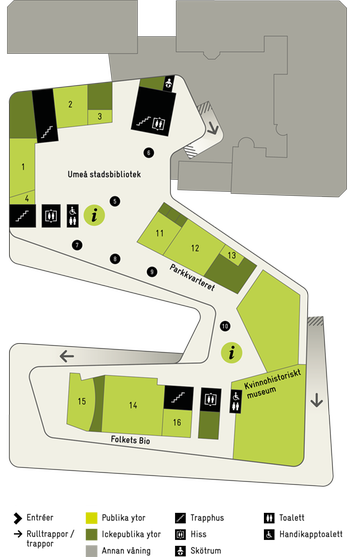 Karta över plan 4 på huset Väven. Kartan visar att Kvinnohistoriskt museum ligger i det sydöstra hörnet av byggnaden.